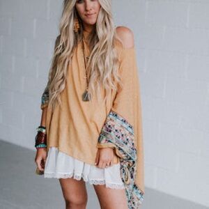 Three Bird Nest Fallen Embroidered Sleeve Cold-Shoulder Poncho Mustard
